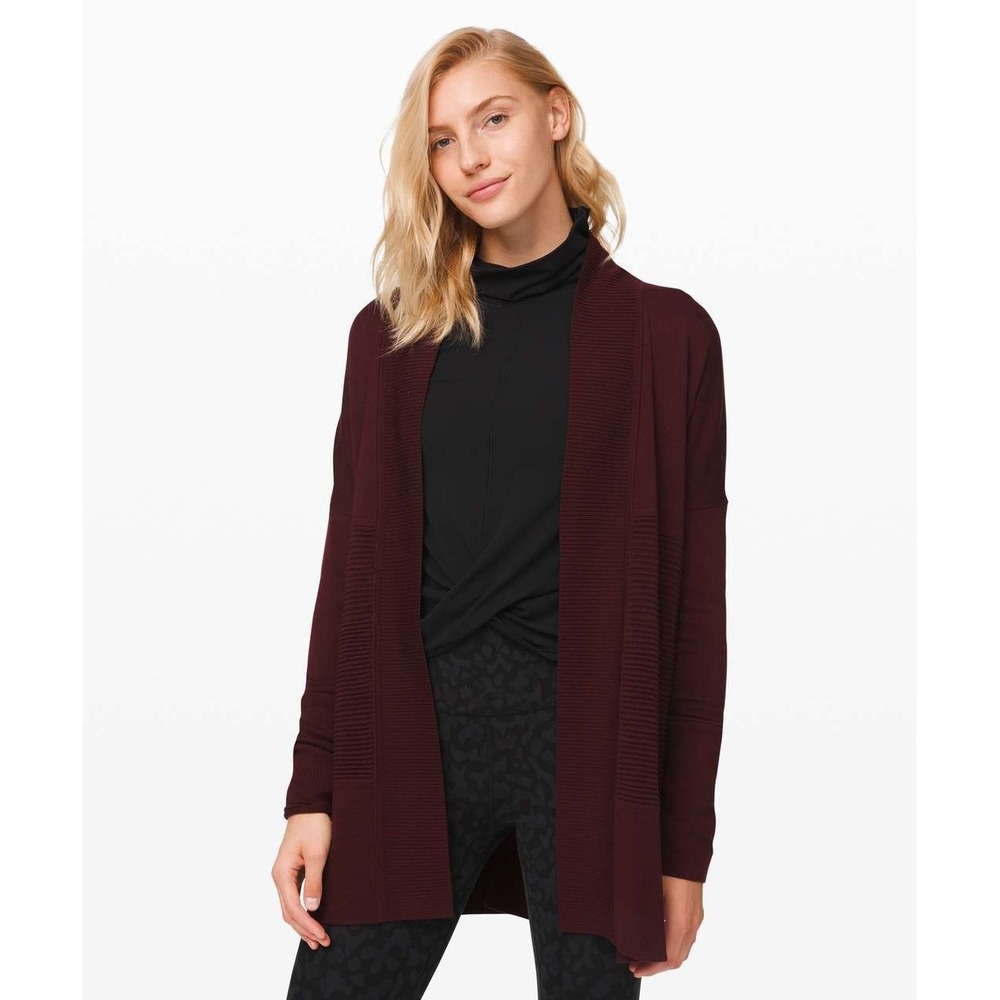 Lululemon Sit In Lotus Wrap II Cardigan Women's Size 10 Garnet Merino Wool Cozy